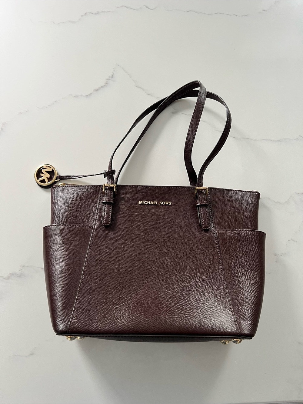 Michael Kors Burgundy Saffiano Leather Shoulder Tote with Gold MK Charm